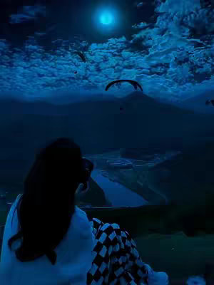 A silhouette of a person with long dark hair gazes towards the sky. The scene is dominated by a deep blue color palette. The sky features a full moon and a scattering of clouds. A paraglider is visible mid-air, above a mountain range. The foreground includes the person's silhouette, white clothing, and what appears to be checkered fabric, with rolling hills and a river below.
