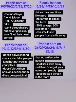 The cover image is a square-shaped graphic with four rectangular sections, each containing text in a list format. The sections are arranged in a 2x2 grid on a light purple background. The text is in black, and the overall design is simple and direct. The top left section says 'People born on 9/5...', the top right says 'People born on 6/25...', the bottom left says 'People born on 19/17...', and the bottom right says 'People born on 26/29...'.