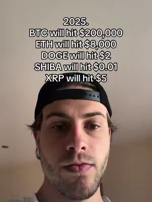 A man wearing a black cap is centered in the frame. Above him, text lists cryptocurrency price predictions for 2025.