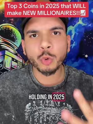 A man with a beard is shown up close, speaking directly to the camera. There is overlay text in a red box at the top noting "Top 3 Coins in 2025". The background of the image includes a neon and space-themed mural. The man is wearing a t-shirt that appears to be a textured gray.