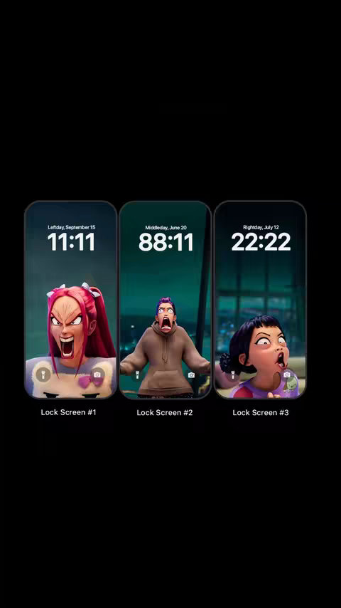 The image depicts three smartphone lock screens side by side against a black background. Each screen displays a different wallpaper featuring a cartoonish character with expressive facial features. The first screen shows a character with red hair and an angry expression, the second a character with a surprised expression, and the third a character with a shocked expression.