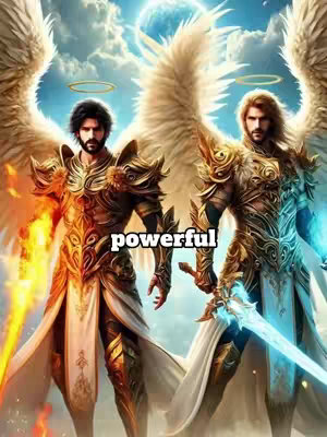 The cover image depicts two muscular men with angelic wings and swords, set against a backdrop of clouds. One figure is bathed in a fiery glow on the left side, while the other is illuminated by blue light on the right. In between them, the word "powerful" written in a bold, white font.