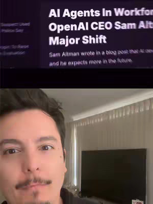 The cover image features a man in the foreground looking at the camera with a serious look on his face. Behind him is a screen displaying text about AI and OpenAI. The background suggests an indoor setting with a television and vertical blinds.