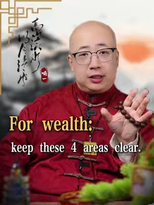 A man in a red Chinese-style jacket is holding a string of wooden beads in his right hand, with the other hand open in a gesture. Text is overlayed on the image, with a blurred background that implies a traditional Chinese setting.