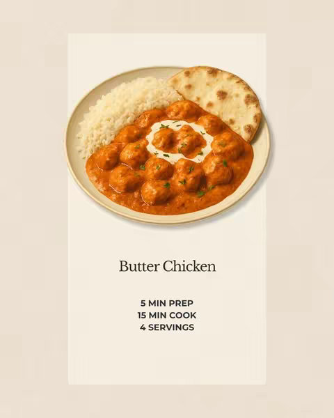 A visually appealing image featuring a plate of butter chicken, garnished with a dollop of white cream, next to a bed of rice and a piece of naan bread. The background is a simple off-white color, focusing the viewer's attention on the food. In the center of the image, there's a white rectangular box with text indicating the name of the dish and preparation details.