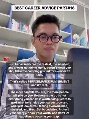 A man wearing glasses in a striped shirt sits in front of a desk, with text overlays providing career advice.