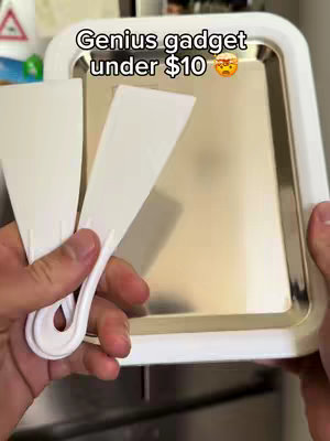 The cover image shows a person holding a white ice cream maker device and its two white spatulas. The ice cream maker has a white frame that contains a shiny metal surface. The person's hands are visible in the foreground, holding the spatulas and the device.