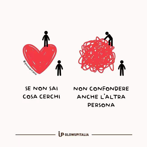 The image presents a white background with two sets of figures against a simple background. On the left, a large red heart has a stick figure person atop, and another smaller stick figure stands below. Underneath, the text reads 'SE NON SAI COSA CERCHI'. On the right, a chaotic mess of red lines has a stick figure attempting to organize the lines, with another stick figure below. Next to it, the text reads 'NON CONFONDERE ANCHE L'ALTRA PERSONA'. In the bottom middle, the glowupitalia logo is placed.