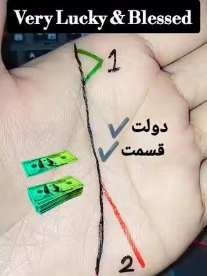 The image features a close-up of a palm with several elements overlaid to illustrate palmistry concepts. The palm is light-skinned, and the lines, annotated with black and red lines, intersect and point specific areas. Two stacks of US dollar banknotes and two checkmarks are present, each next to symbols, indicating interpretations. The top text overlays the image, stating:
'Very Lucky & Blessed'.