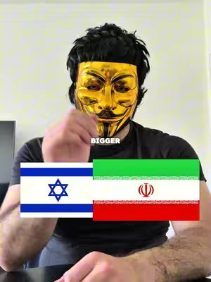 A person wearing a gold mask, a black shirt against a light background. The image includes the flags of Israel and Iran. The hook 'bigger' is placed on the frame.