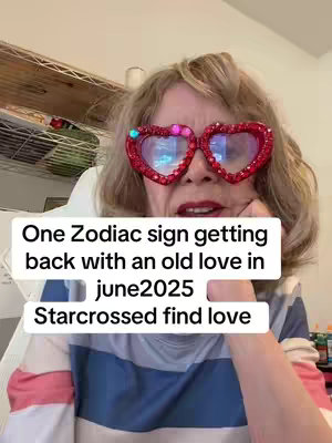 A woman with curly blonde hair is wearing heart-shaped red-glitter sunglasses. A white text box displays the words 'One zodiac sign getting back with an old love in june2025 Starcrossed find love'.
