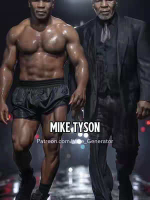 The image features a split portrayal of Mike Tyson, transitioning from his younger, muscular form in black shorts to an older version in a dark suit. The background is blurry.