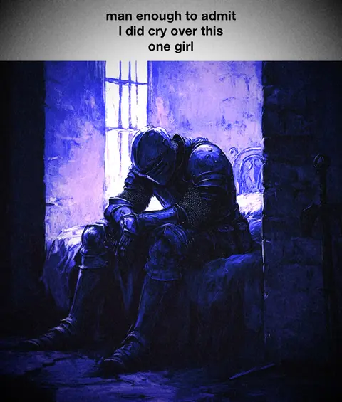 An image depicting a dejected knight in full armor, slumped on a bed near a window. The scene is dominated by cool blue tones, creating a somber mood. The knight has his head bowed, suggesting sorrow or despair. A sword leans against the adjacent wall, adding a sense of isolation.