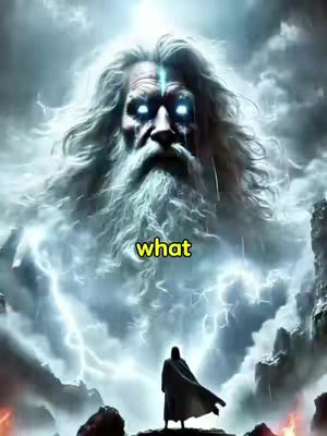 An artistic depiction of a divine figure with white hair and a long beard, illuminated by a bright light from above, and with the text "what" overlaid in a yellow box below. A silhouetted figure with a cloak stands in front of the divine figure on what seems to be rocks.