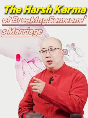 The cover image features a man with glasses in a red shirt pointing towards the viewer. Overlayed behind the man are depictions of hands, one holding a ring, suggesting a connection to marriage. Above the man, text in yellow and pink reads "The Harsh Karma of Breaking Someone's Marriage." The background is a gradient, with the man slightly off-center.