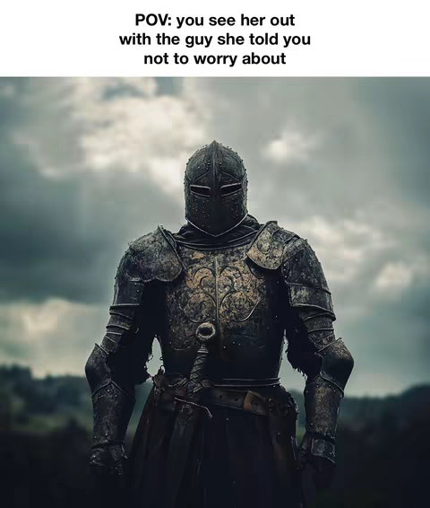 A knight in full armor stands with a serious expression against a cloudy sky. The knight is the main focus.
