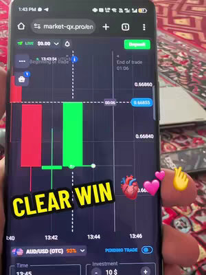 A smartphone screen displaying a trading platform with a candlestick chart. The screen shows a green candlestick, suggesting a potential profit. Overlayed are graphics that include a heart, hand with finger pointing, and the words 'CLEAR WIN'.