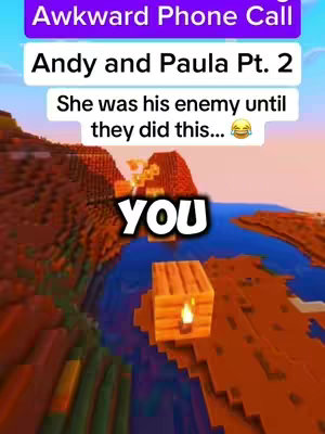 A Minecraft-style scene with text overlays. The background depicts a pixelated landscape with red and brown terrain, a blue river, and green vegetation. Text in white and blue rectangles describes the video's content.