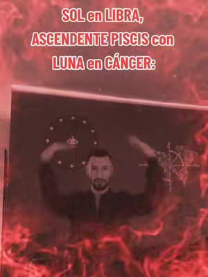 A man with a beard is centered in a frame against a dark background with a complex clock-like design in the upper center with red flames, and text overlayed. The text says, "SOL en LIBRA, ASCENDENTE PISCIS con LUNA en CÁNCER:" The man is wearing a black top and raising his arms