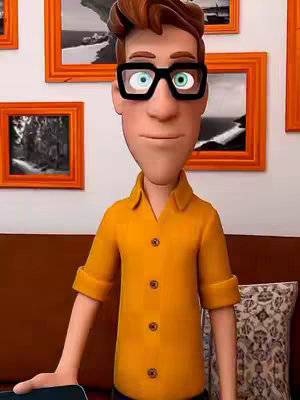 A cartoon-style illustration of a man wearing a yellow shirt, black-framed glasses, and brown hair. He is set against a background with orange-framed pictures on a cream-colored wall. A patterned pillow is visible on the left side, and a sofa is on the bottom.