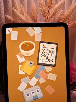 A tablet displaying a puzzle game interface. The screen has a peach-colored background and features various game elements like a bowl, a keypad, and scattered paper notes. In the top right, there is a warm backdrop of brown/pink tones.