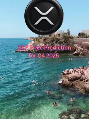 The image features a coastal scene with clear blue water, a sunny sky, and a rocky shoreline with houses built into the hillside. The main visual element is a large black XRP cryptocurrency symbol in the upper left corner with the text overlayed below.