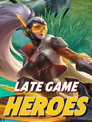 The image shows a female character from Mobile Legends: Bang Bang. She is the central focus, posed in a dynamic stance, suggesting action. She wears a futuristic outfit with gear like a helmet with yellow visor. The background has blurred greenery. Text overlay at the bottom reads "LATE GAME HEROES" in large, stylized font.