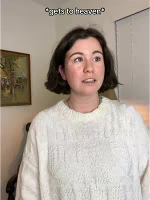 A woman with dark hair and a white sweater stands in front of a beige wall. Behind her is a framed picture and part of a window. The hook text is at the top.