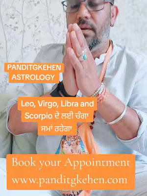 A man with glasses is shown in the image, his hands clasped together as if in prayer. He appears to be indoors, with a light-colored background that has a subtle floral pattern. Text overlays are present, with one announcing his astrology services and others with information about booking appointments and a website address.