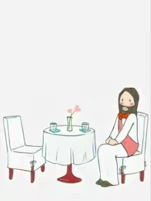 An illustration depicting a cartoon version of Jesus sitting at a table set for two, with a white tablecloth, two cups, and a vase of flowers in the middle. Jesus has a long brown beard and is wearing a white robe, pink vest, and a red bowtie. There's an empty chair across from him.