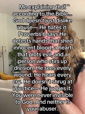 A selfie-style video cover shows a woman with curly blonde hair speaking directly to the camera against a blurred background. Text overlays the image in a white font, detailing a message about God's stance on abuse and offering a quiz.