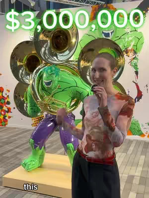 A woman stands in front of a large sculpture of a green Hulk playing a tuba. The sculpture is made of inflated metallic material. Above, text reads "$3,000,000" in a glowing green font.