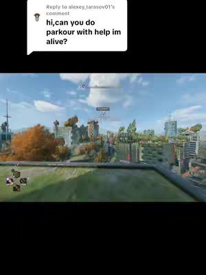 The image shows a first-person perspective from a video game, with a clear sky and cityscape in the background. Overlayed on the top left is a white speech bubble containing a comment. The main part of the image displays a green surface with game UI elements, possibly a rooftop, with a distant view of buildings and trees beneath a cloudy sky. The overall composition is dominated by the game's environment with a callout bubble to address user comments adding additional interaction.
