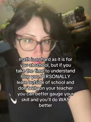 A selfie-style video shows a person with dark hair and glasses looking directly at the camera. Text is overlaid, conveying a study tip about math.