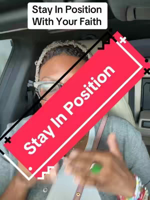 The cover image is a selfie-style shot taken inside a car. The focus is on a woman wearing glasses and smiling. A title overlay says 'Stay In Position'. A red banner, also superimposed and angled, displays 'Stay In Position' in large, white text. She is wearing jewelry and has her hands up and visible. The background is slightly blurred, suggesting motion or a focus on the presenter.