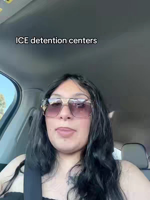 A woman wearing large sunglasses is in a car, looking at the camera. The image is slightly overexposed, and the text overlay says 'ICE detention centers.'