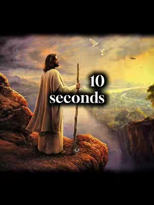 An artistic illustration depicts a man resembling Jesus standing on a rocky mountaintop, silhouetted against a vibrant landscape. He holds a staff, looking out at a scenic valley below, with light streaming from the sky. Two white birds are flying. A text overlay reads "10 seconds".