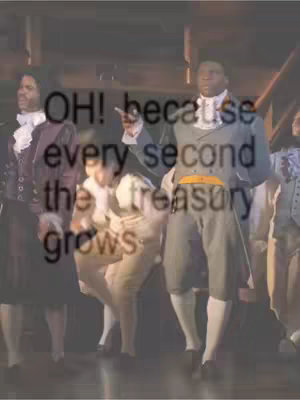An image from a stage production, possibly a musical. Several figures in period costumes are visible, and text overlays add context or possibly lyrics to the performance.