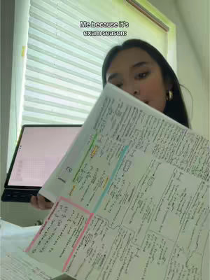 A young woman is holding up notes in front of her face, with a laptop visible in the background and a window with blinds. The image is framed from the chest up, and the woman appears to be studying. The text overlay reads "Me because it's exam season:"