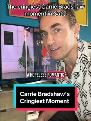 A man smiles, angled to the side, with a television showing a scene from Sex and the City behind him. Overlaid text includes, 'The cringiest Carrie Bradshaw moment in SatC' and, at the bottom, 'Carrie Bradshaw's Cringiest Moment'.