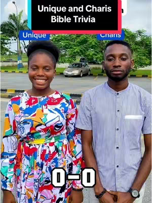 The cover image features two people, a woman and a man, standing side-by-side against an outdoor background. The woman is on the left, smiling and wearing a colorful, patterned dress. The man is on the right, wearing a collared shirt and also smiling. Above them, the text overlay reads "Unique and Charis Bible Trivia." Below them is a digital scoreboard showing "0-0."