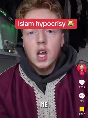 A young man with fair skin and short, light-brown hair is centered in the frame, facing the viewer. He's wearing a maroon top under a black hoodie, with a detailed embroidered design around the collar. Above him, a red banner reads 'Islam hypocrisy' accompanied by a laughing emoji. The background includes a glimpse of interior elements suggesting a room setting, and a smaller profile picture is visible on the right side, with TikTok engagement metrics.
