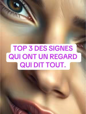 A close-up image features a blurred face, with the focus on the eye and lower nose. Superimposed is a rectangular text element. The eye's iris shows a mix of brown and green, and the skin appears smooth. The superimposed text, in a light purple box with rounded corners, reads 'TOP 3 DES SIGNES QUI ONT UN REGARD QUI DIT TOUT.'