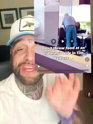 The cover image is split vertically. On the left, a man with numerous face tattoos smiles while wearing a backward baseball cap. On the right, a video clip shows a senior man interacting in a Tim Hortons, overlayed with text.