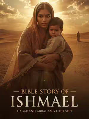 The cover image depicts a biblical scene featuring a woman in a head covering, cradling a young child. They stand in the foreground, with a desert landscape and figures in the background. The image has a warm color palette, suggestive of a sunset, and the composition is centered, placing the woman and child as the primary focus.