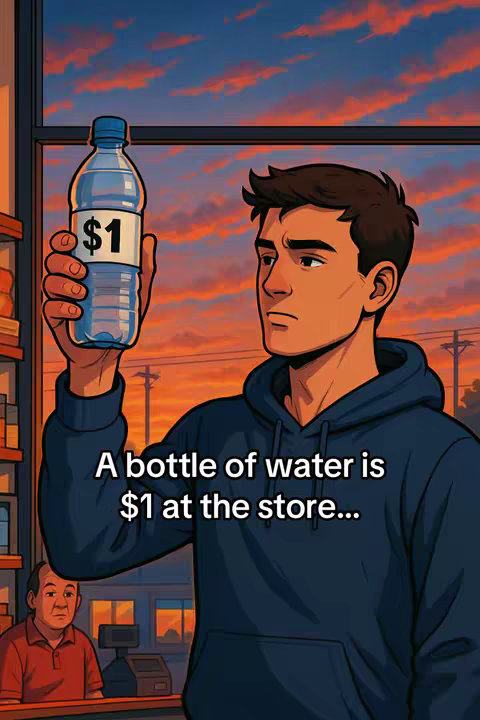 An illustrated image depicting a young man holding up a bottle of water with a dollar sign on it. The man is in a store environment, potentially a convenience store. The background shows the store's interior and exterior through a large window with a sunset or sunrise depicted. The man is wearing a navy blue hoodie and has a serious expression. Text overlayed on the image says "A bottle of water is $1 at the store..."