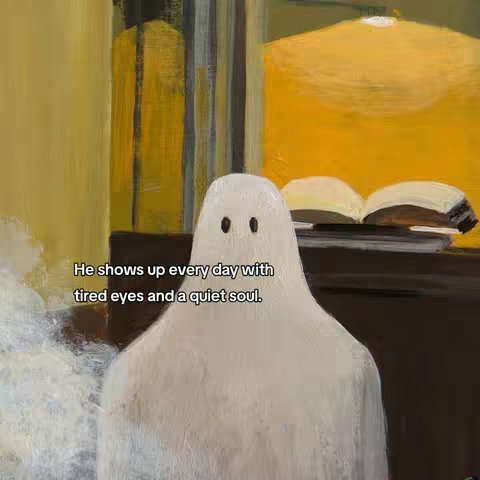 An artistic illustration depicts a white, ghost-like figure with two small black dots for eyes. It stands in front of a backdrop mostly obscured by shadows and painterly strokes of yellows, browns, and greens. The composition has a slightly melancholic tone due to the subject matter.