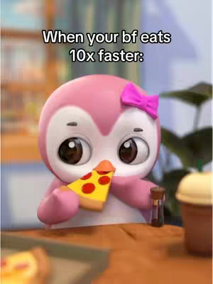 A cartoon penguin character, pink with a bow, is holding a slice of pizza to its mouth. The background is blurred, suggesting a dining setting.