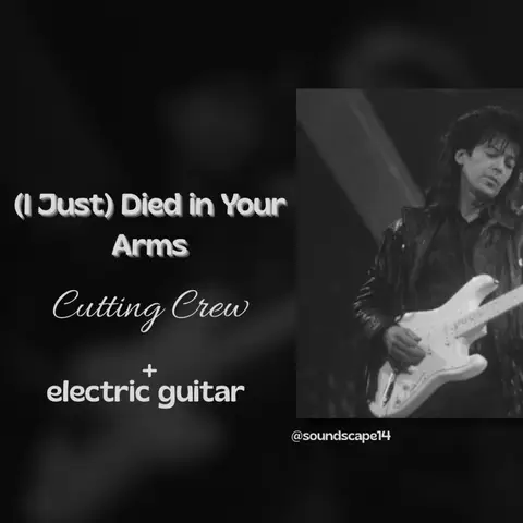 A black and white cover image features a man playing an electric guitar. Text overlays indicate the song title and artist.
