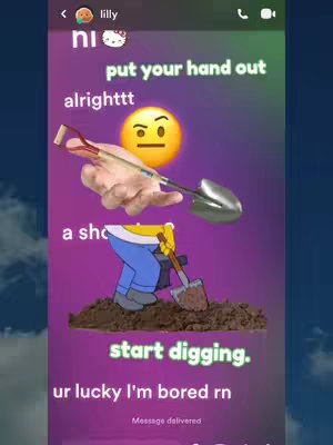 A vertical image featuring a purple and green blurred background. Various elements, including text bubbles, emojis, and cartoon characters, are overlaid to create layers of visual interest. A hand holding a shovel is placed over a character digging and an emoji is also present.